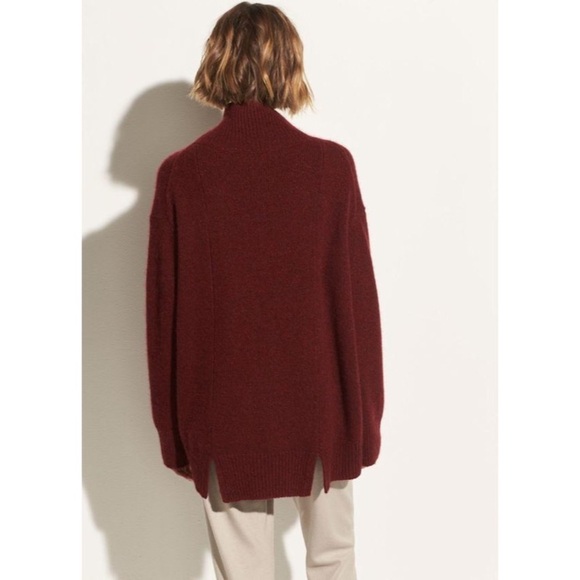 VINCE Cherry Red Cashmere Double Slit Back Hem Oversized Turtleneck Sweater Sz S - Picture 2 of 12